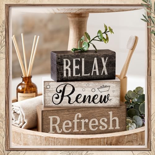 Lineshading 4 Pcs Farmhouse Bathroom Shelf Decor, Relax Renew Refresh Signs