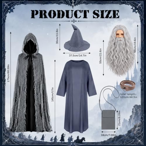 Grey Wizard Costume Set, Medieval Old Mage Fancy Dress Outfit with Hooded Cape, Long Robe, Wizard Hat, Wig & Beard, Belt and Crossbody Bag, Halloween Cosplay Party Dress-up Supplies for Men