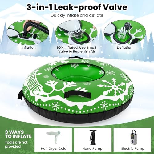 Goplus Inflatable Snow Tube, 42" Heavy-Duty Snow Sledding Tube with Detachable Tow Strap, Thickened Bottom, 3-in-1 Valve, Handles, Winter Outdoor Fun Toy for Kids & Adults, Christmas Birthday
