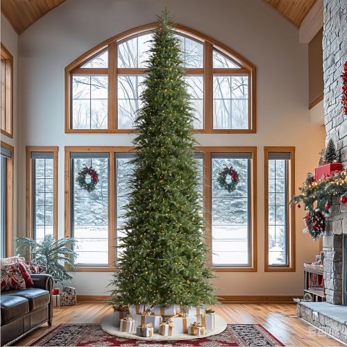 Glitzhome 15ft Prelit Christmas Tree, Hinged Slim Artificial Christmas Tree, Radiant Evergreen Fir with 1500 Warm White/Multi-Color LED Lights, 9 Lighting Functions w/Remote Control, Easy Assembly