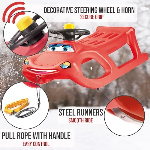 Snow Sled for Kids - SnoWheel Sledge - Toboggan with Pull Rope and Decorative Steering Wheel; Outdoor Plastic Winter Sleigh for Toddlers & Kids