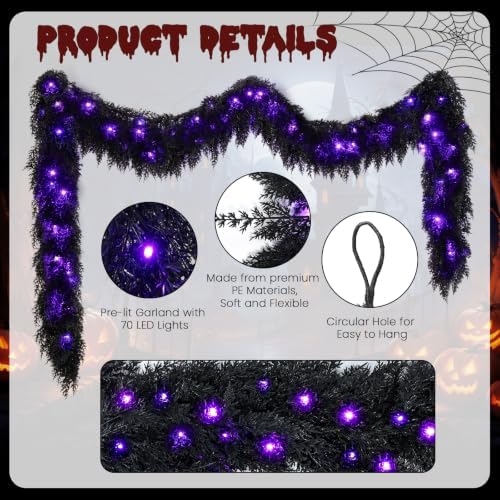 9FT Black Halloween Garland with Lights Realistic Prelit Christmas Garland