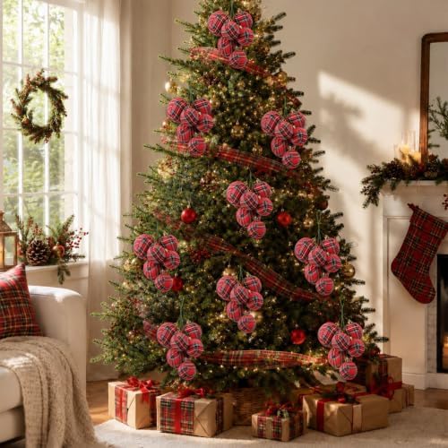 Roowest 4 Sets Buffalo Plaid Glitter Christmas Ball Clusters Ornament Decor