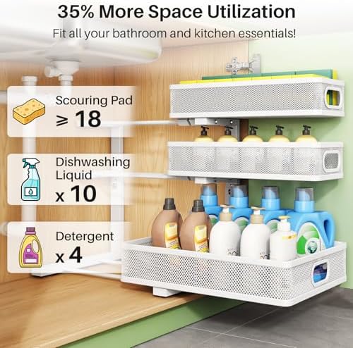 Kitstorack Under Sink Organizer, 1-Pack 3-Tier Height Adjustable Thickened Metal Pull out Cabinet Organizer Shelf, Slide out Storage Drawer Rack for Bathroom Kitchen Pantry Home Laundry Organization
