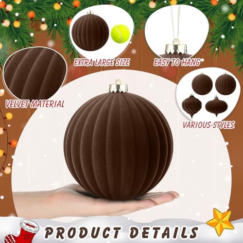 Civaner 4 Pcs Velvet Christmas Ball Ornaments,6 Inch,Brown