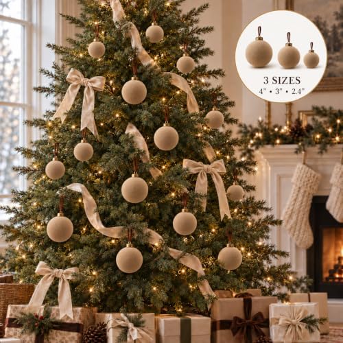 Velvet Flocked Christmas Ornaments Set – Premium Shatterproof Christmas Ball Ornaments with Brass Metal Caps, Assorted Sizes for Christmas Tree, Holiday & Seasonal Home Décor (Beige 15pcs)