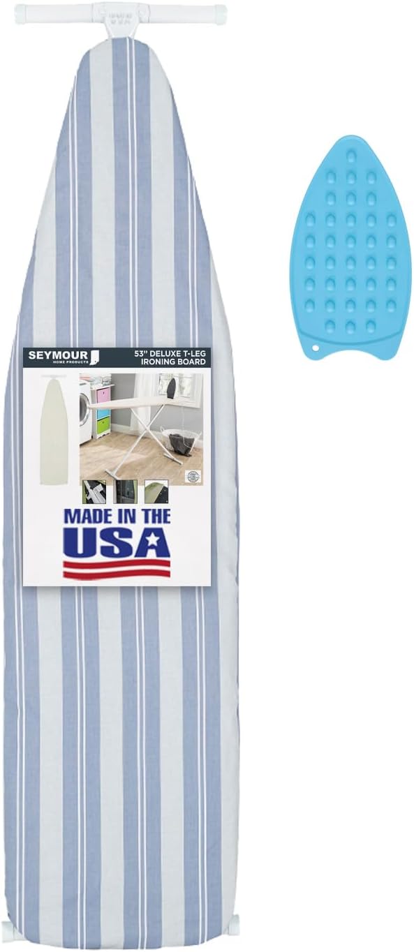 Ironing Board Full Size; Made in USA by Seymour Home Products (Blue Stripe) Bundle Includes Cover, Pad, and Silicone Iron Rest | Iron Board w/Steel T-Legs Adjustable from Tabletop up to 35" High
