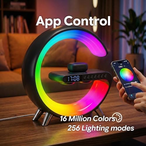 Smart LED Table Lamp for Bedroom with Wireless Charging Bluetooth Speaker, App Controlled Night Light for Kids, Christmas Birthday Gifts for Teens Adults Desk Office Bedroom Decor (Black