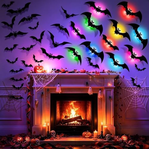 LUDILO 48P Bats Halloween Decorations + 12P Rechargeable Lights with Remote