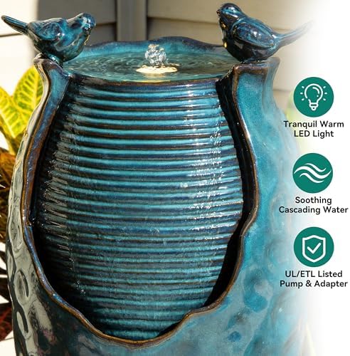 Autodaya 25" H Jar Ceramic Outdoor Water Fountain with LED Lights and Birds