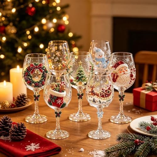 Christmas 3D Wine Glass Collection Gift Box Set, 3D Christmas Wine Glasses,Raised Holiday Goblet with Snowflake Decor,Festive Glassware,Holiday Party Decor,Wines & Cocktails,Table Decor (1pcs D)
