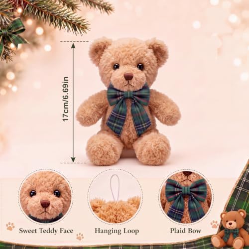 Chalyna 6 Pack Christmas Teddy Bear Decor with Velvet Tartan Bow, Green