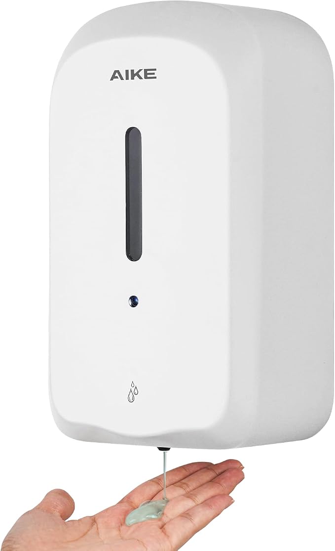 AIKE Liquid Automatic Soap Dispenser,33.8oz Capacity for Bathroom,White | 5-Level Adjustable and Savety Key for Commercial(4*AA Batteries Not Included),Screw Wall Mount for Space-Saving,AK1226S