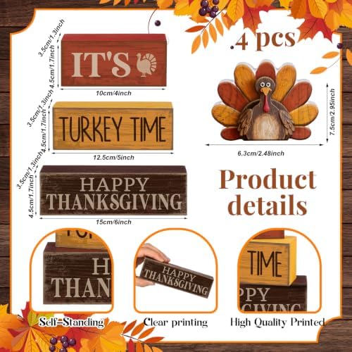 Lineshading 4 Pcs Thanksgiving Table Decor Decor, Turkey Time Block Signs