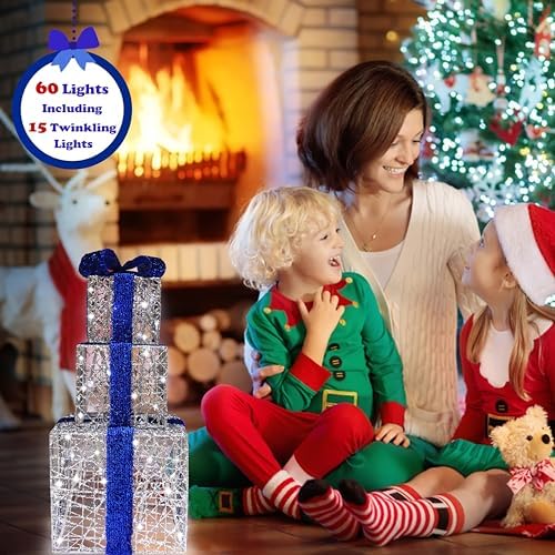 Lighted Gift Boxes Set of 3, Silver Boxes with Bow, Prelit 60 White Lights Present Box Lighted Display with Plug for Home Porch Outdoor Yard Christmas Decorations-Blue