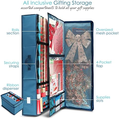 Hearth & Harbor Wrapping Paper Storage Container - Christmas Storage Bag with Ribbon Dispenser and Interior Pockets - Gift Wrap Organizer Fits Up to 26 Rolls of 40" Length, Blue