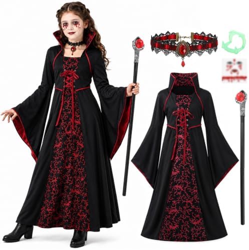 5Pcs Vampire Costume Vampiress Dress Cosplay Outfit for Girls 3-12 Years