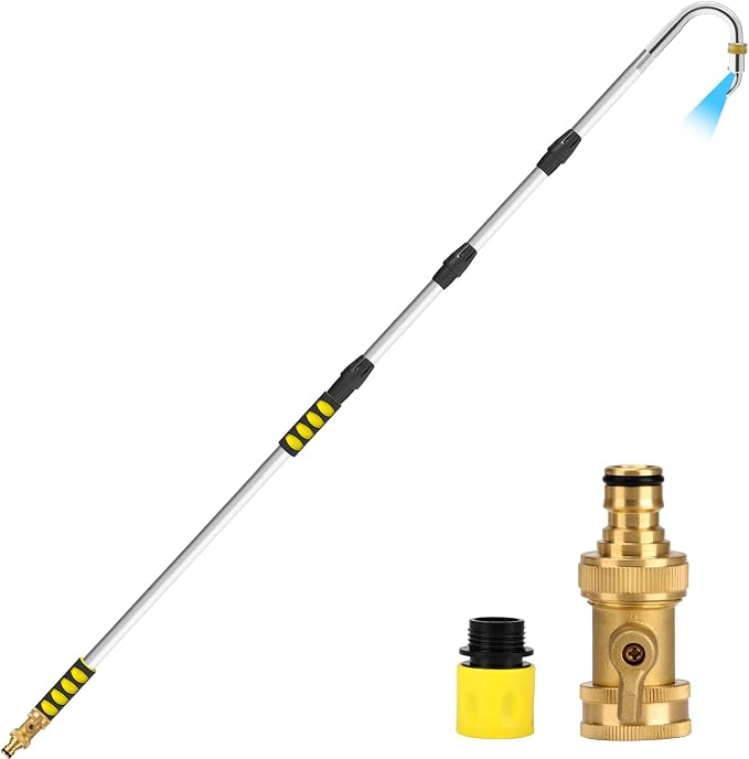 24FT Reach Gutter Cleaning Tools from Ground, Telescopic Rain Gutter Cleaners Tool with Hose Attachment and Heavy Duty Wand & Connecting Adapter