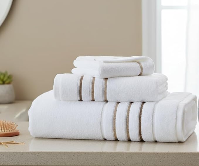 Bath Towels Set for Bathroom – Luxury 6-Piece Cotton Towels, Soft Absorbent & Quick Dry, 600 GSM Bath Towels for Bathroom, Hotel Spa Quality (White/Taupe, 4-Hand Towel Set)