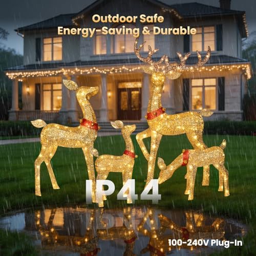 Christmas Deer Outdoor Decorations - 4 Piece 3D Lighted Deer Family Set with 245 LED Lights, Yard Christmas Decor with Stakes for Front Yard, Lawn, Garden, Porch, Holiday - Gold