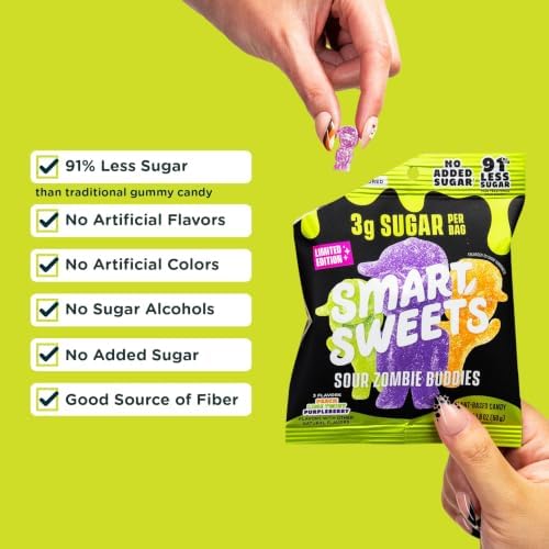 SmartSweets Sour Zombie Buddies Low Sugar Gummy Candy, Healthy Snacks for Kids and Adults, Halloween Treat, 50g bags, Pack of 14