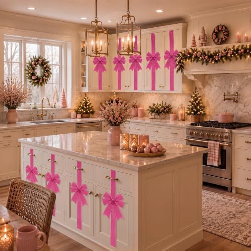 Daifunli 6 Pcs Hot Pink Velvet Christmas Cabinet Bows Ribbons for Kitchen