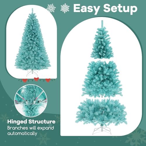 HAPPYGRILL 7 FT Pre-lit Artificial Christmas Tree Blue Hinged Xmas Tree with 1040 Branch Tips, 380 Warm White LED Lights & Folding Metal Stand, Pre-Lit Holiday Decoration Tree for Home Office