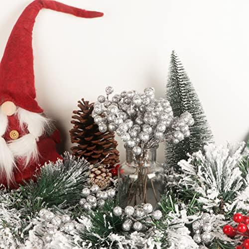 Fangoo 20 Pack 7Inch Artificial Silver Berry Stems for Christmas Tree Decor