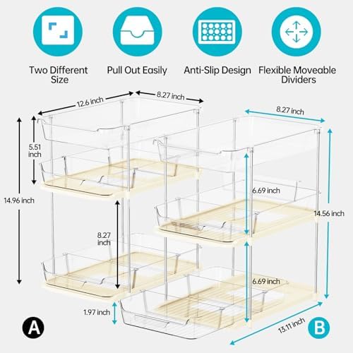Delamu 2 Pack 3-Tier Bathroom Under Sink Organizers and Storage, Multi-Purpose Stackable Pantry Organization and Storage, Pull Out Clear Kitchen Bathroom Cabinet Organizer with Movable Dividers, Beige