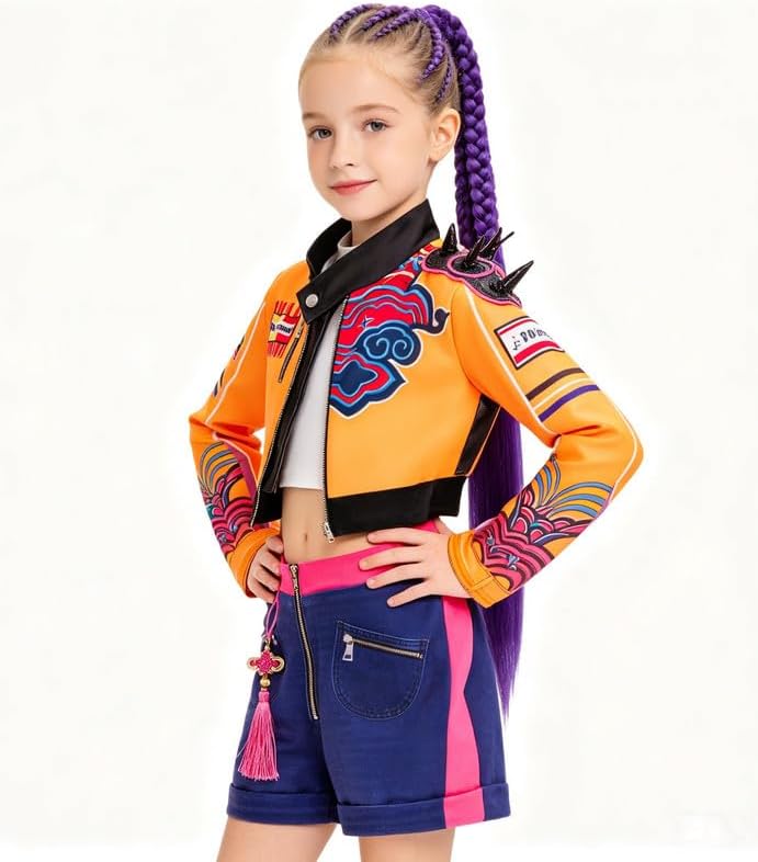 Xefenki Girls Kpop Costumes Kids Halloween Outfits 5PSC Set Include Wig Jacket T-Shirt Shorts and Pendant