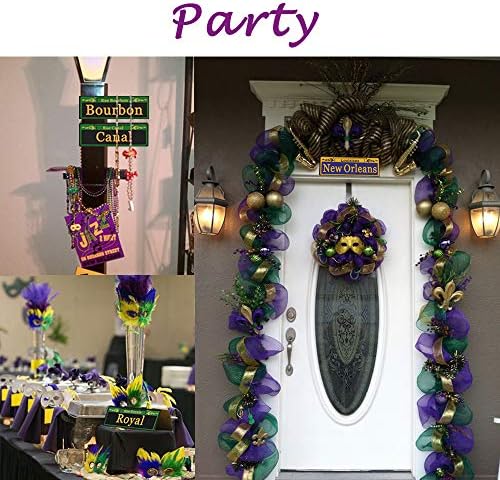 Mardi Gras Decorations 8 Set, Duplex Printed New Orleans Street Signs with 8x Metal Chains, PVC Made Mardi Gras Ornaments for Room Decor, Carnival Party Table Ornaments Tree Decoration, 4 x 12 Inch