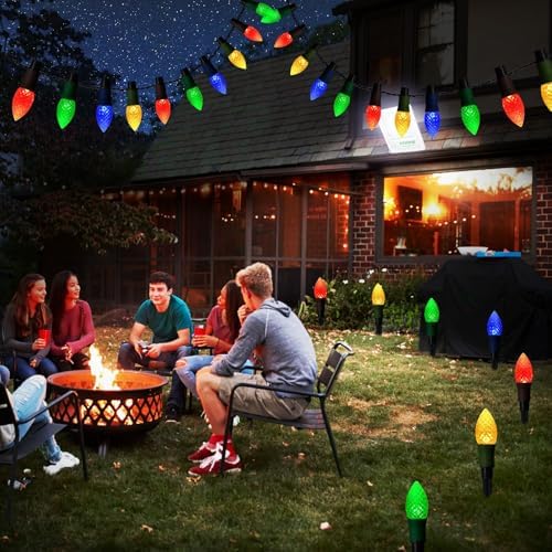 Solar Christmas Pathway Lights, 20 LED C9 String Lights with 20 Stakes, 23FT Solar Powered Multicolored Decorations for Roof, Yard, Patio, Walkway, Driveway