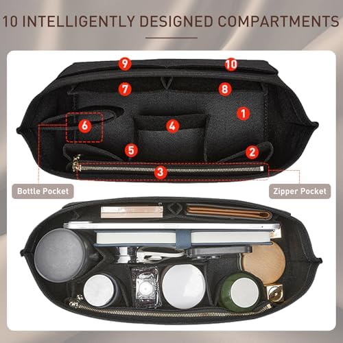 Doxo Purse Organizer Insert for Handbags & Base Shaper 2pc Set, Felt Neverfull PM Organizer Insert, Tote Bag Organizer with Zipper Pocket and Bottle Holder, Fit Neverfull PM and More, Black-M
