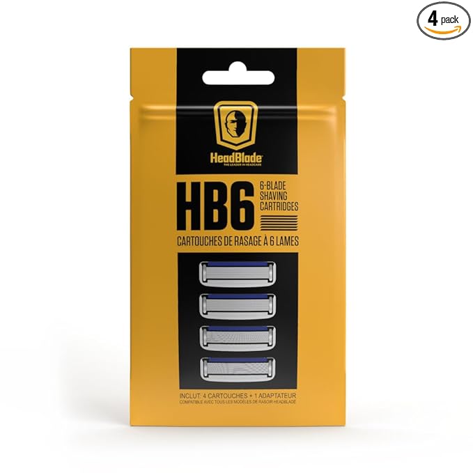 HeadBlade Men's HB6 Refill Shaving Razor Blades - 6 Stainless Steel Blades for No Tugging or Pulling, Shave Less, Works for Face, Body, and Scalp (4 Blades) 1 Pack