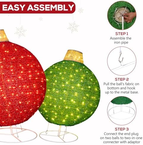 Hykolity 2 Pack 30" & 24" Pop-Up Iron Christmas Ornament Set, 230 Warm White LEDs with UL Transformer, 8 Light Functions & 18H Timer, Red & Green