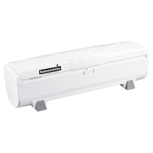 Restaurantware-Chef 101 Food Wrap Dispenser with Cutter, 1 Refillable Cling Wrap Dispenser - Fits 12” to 18” x 2000’ Rolls, Press Down and Cut, White Plastic Aluminum Foil, Sharp Blade