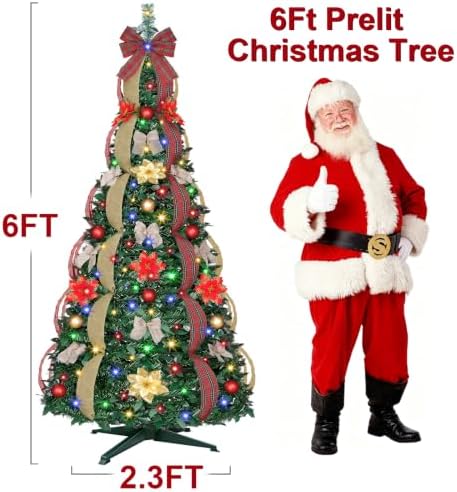 6 Ft Pop up Tree Pre-Lit Christmas Trees, Pop up Christmas Tree 200 LED Collapsible Christmas Tree Plug-in with Remote Timer 8 Lighting Modes for Outdoor Indoor Party Christmas Decor