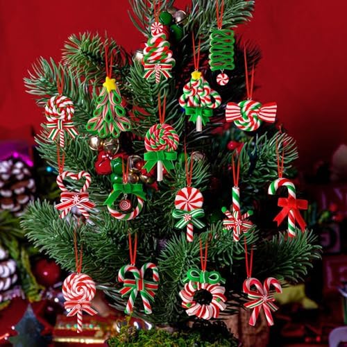 AUGSUN 16Pcs Christmas Lollipop Ornaments, Candy Christmas Tree Decorations Colorful Mini Candy Cane Hanging Ornaments Polymer Clay Peppermint Pendants for Xmas Tree Party Home Decorations