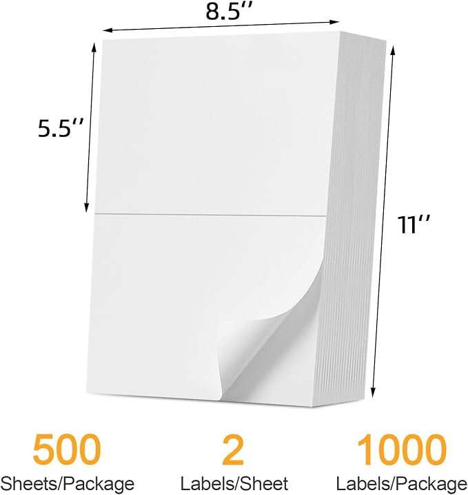 (1000 Labels/500 Sheets)Labelebal Half Sheet Self Adhesive Shipping Labels for Laser & Inkjet Printers, 8.5" x 5.5" Shipping Mailing Labels, 2 Per Page Shipping Labels, 5 1/2 x 8 1/2 Half Sheet Labels