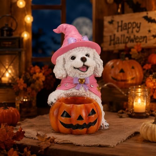 Halloween White Poodle Statue with Pumpkin Candy Bowl Tabletop Decor