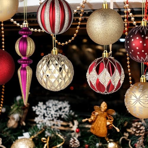Soulchen 19 Pcs 3.15 Inches Red and Gold Luxury Christmas Tree Ornaments Set Plastic Shatterproof Burgundy Balls Finials Christmas Ornaments Hanging Tree Decorations Baubles for Xmas Holiday Decor