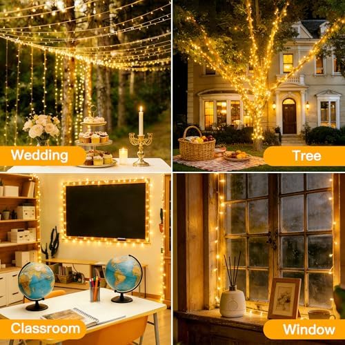 Ollny Christmas Lights 200LED 60FT Indoor, Warm White Connectable Plug in String Light Outdoor, 8 Modes Waterproof Timer LED Fairy Lights for House Outside Bedroom Patio Balcony