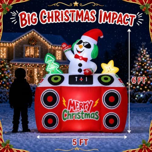 6 FT Christmas Inflatables Snowman DJ Playing Music on Turntable,LED Lights