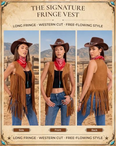 Women Western Cowgirl Outfit 8Pcs Tassel Vest Hat Bandana Jewelry Set