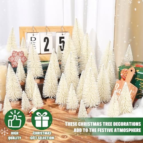 30Pcs Mini Christmas Trees Artificial Christmas Tree Bottle Brush Trees with Wooden Base for Christmas Decor Christmas Party Home Table Craft Decorations(Beige)