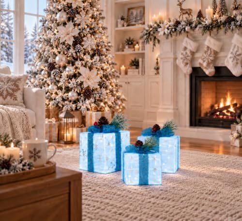 Set of 3 Snowflake Lighted Boxes, Blue Indoor Christmas Decor