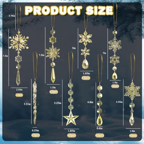 Crystal Ornaments for Christmas Tree Decorations Gold Snowflake Icicles
