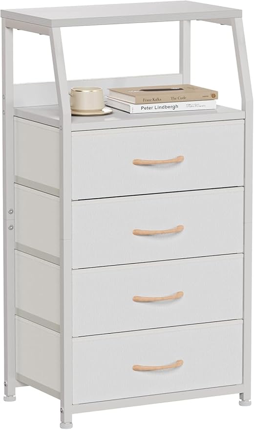 Furnulem Tall 4 Drawers Dresser, Vertical Storage Tower for Bedroom, Hallway, Entryway, Nursery, Closet Organizer, Nightstand Bedside Table Furniture, Sturdy Steel Frame, Wood Top, White