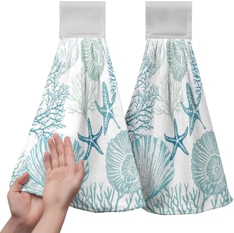 2 Pcs Nautical Coastal Hanging Hand Towels with Loop Summer Beach Blue Starfish Seashell Coral Kitchen Tie Towels Turquoise Teal Fingertip Bath Towel Fast Drying Dish Washcloths