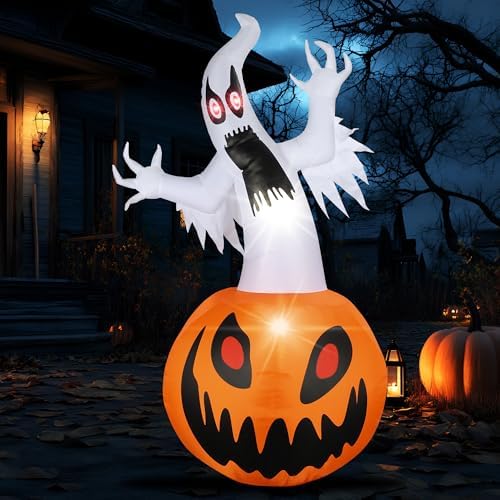 5Ft Halloween Inflatables Ghost Pumpkins Outdoor Decorations with Build-in LED Blow Up Inflatables forBalcony Home Lawn Patio